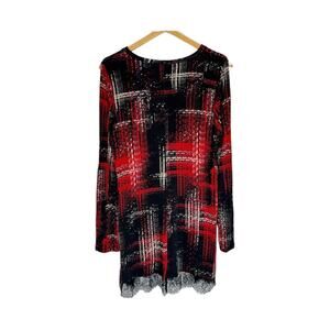 Womens Logo Black Red Plaid long sleeve Scoop Neck lace trim Tunic Dress Medium